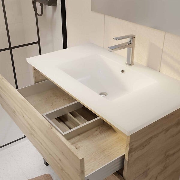 AURLANE - Pack Meuble SDB 80cm sur pieds 3 tiroirs Chene_Vasque blanche + Miroir Led - TIMBER 80_Pack46 - large
