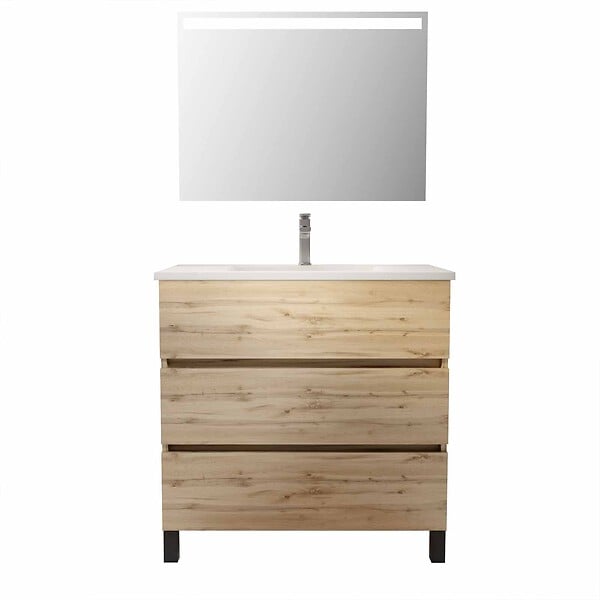 AURLANE - Pack Meuble SDB 80cm sur pieds 3 tiroirs Chene_Vasque blanche + Miroir Led - TIMBER 80_Pack46 - large