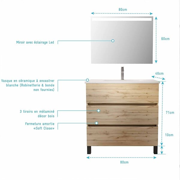 AURLANE - Pack Meuble SDB 80cm sur pieds 3 tiroirs Chene_Vasque blanche + Miroir Led - TIMBER 80_Pack46 - large
