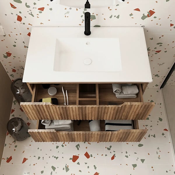 AURLANE - Meuble de Salle de Bains LEON 80cm Décor Bois - 2 Tiroirs en MDF Ondulés - Vasque à encastrer - large