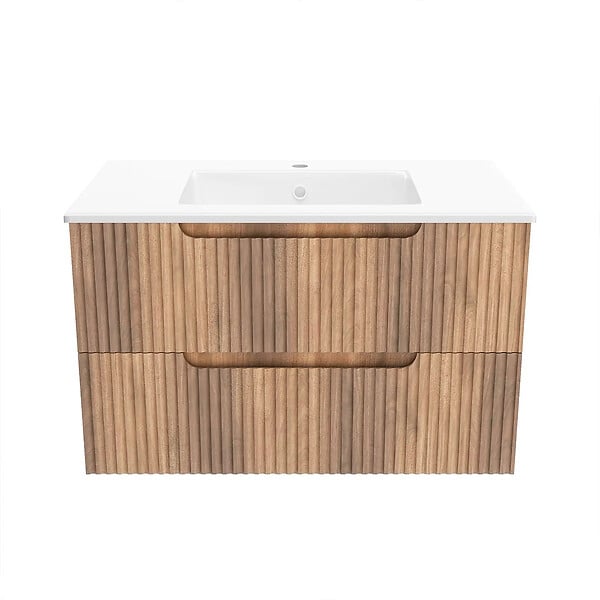 AURLANE - Meuble de Salle de Bains LEON 80cm Décor Bois - 2 Tiroirs en MDF Ondulés - Vasque à encastrer - large