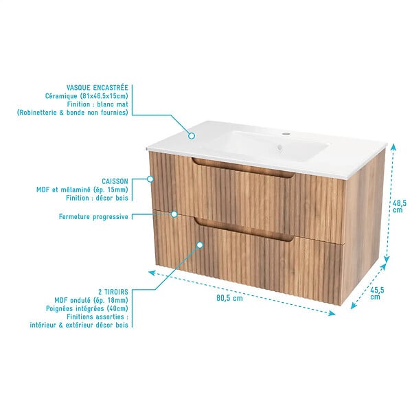 AURLANE - Meuble de Salle de Bains LEON 80cm Décor Bois - 2 Tiroirs en MDF Ondulés - Vasque à encastrer - large