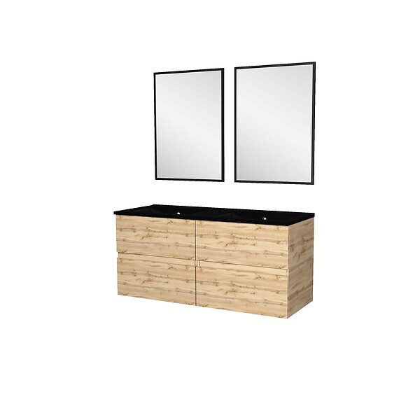 AURLANE - Meuble Salle de Bains 120cm 4 Tiroirs Chêne Naturel + Vasque Noire et Miroirs rectangulaires - large