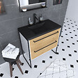 AURLANE - Meuble de salle de bain 80x50 cm + 2 tiroirs chêne naturel + vasque résine noir effet pierre - vignette