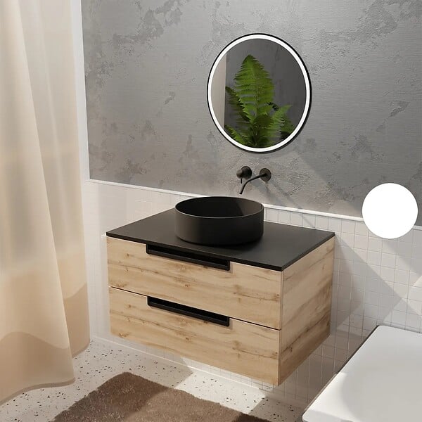 AURLANE - Meuble salle de bains 80cm Decor Bois et Noir, 2 Tiroirs, Vasque Noire 36cm et Miroir Led 50cm - large
