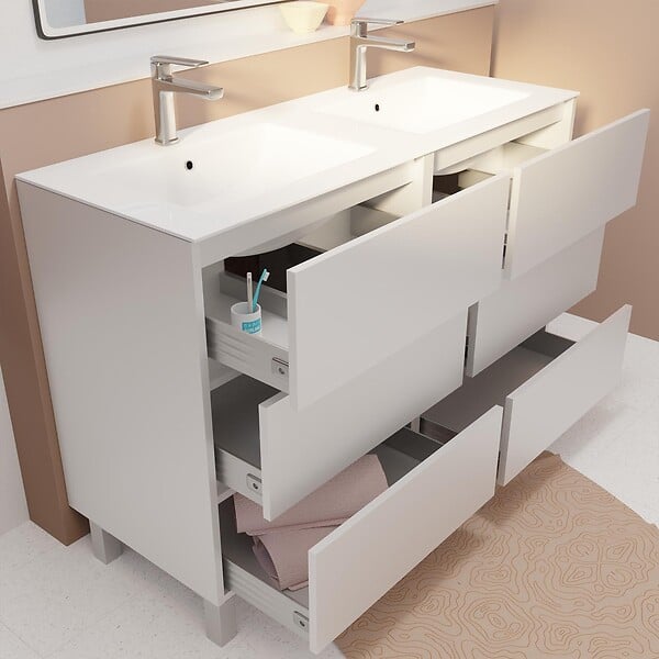 AURLANE - Pack Meuble Salle de Bains 120 cm Laqué Blanc, 6 tiroirs avec Vasque Céramique - XENOS - large