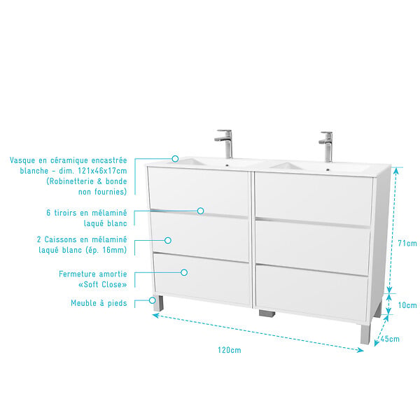 AURLANE - Pack Meuble Salle de Bains 120 cm Laqué Blanc, 6 tiroirs avec Vasque Céramique - XENOS - large