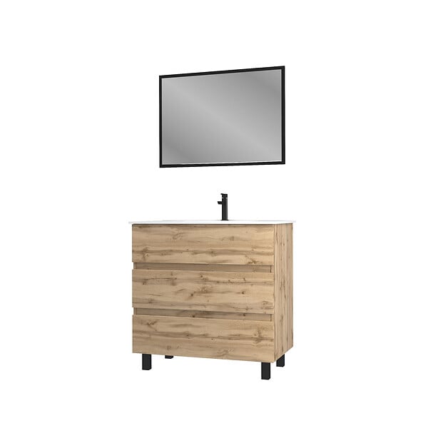 AURLANE - Meuble salle de bain 80x80 - Finition chene naturel + vasque blanche + miroir - TIMBER 80 - Pack25 - large