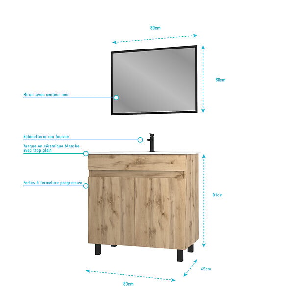 AURLANE - Meuble salle de bain 80x80 - Finition chene naturel + vasque blanche + miroir - TIMBER 80 - Pack25 - large