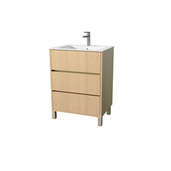 AURLANE - Pack Meuble Salle de Bains 60 cm Chêne Clair, 3 tiroirs avec Vasque Céramique - XENOS - large