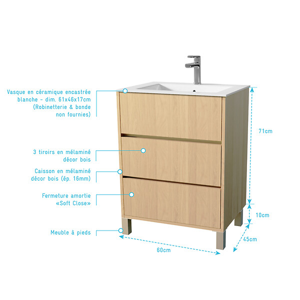 AURLANE - Pack Meuble Salle de Bains 60 cm Chêne Clair, 3 tiroirs avec Vasque Céramique - XENOS - large