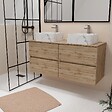 AURLANE - Meuble Salle de Bains 120cm 4 Tiroirs Chêne Naturel - 2 Vasques Blanches Effet Marbre 38x38x13cm - vignette