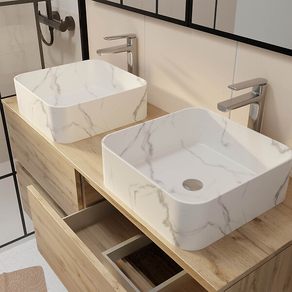 AURLANE - Meuble Salle de Bains 120cm 4 Tiroirs Chêne Naturel - 2 Vasques Blanches Effet Marbre 38x38x13cm - large