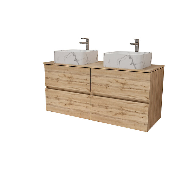 AURLANE - Meuble Salle de Bains 120cm 4 Tiroirs Chêne Naturel - 2 Vasques Blanches Effet Marbre 38x38x13cm - large
