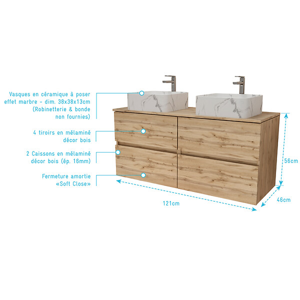 AURLANE - Meuble Salle de Bains 120cm 4 Tiroirs Chêne Naturel - 2 Vasques Blanches Effet Marbre 38x38x13cm - large