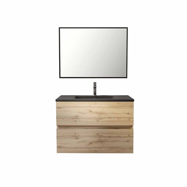 AURLANE - Pack Meuble SDB 80cm suspendu 2 tiroirs Chene_Vasque noire + Miroir - TIMBER 80 - large