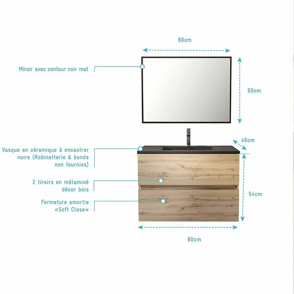 AURLANE - Pack Meuble SDB 80cm suspendu 2 tiroirs Chene_Vasque noire + Miroir - TIMBER 80 - large
