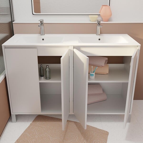 AURLANE - Pack Meuble Salle de Bains 120 cm Laqué Blanc, 4 portes avec Vasque Céramique - XENOS - large