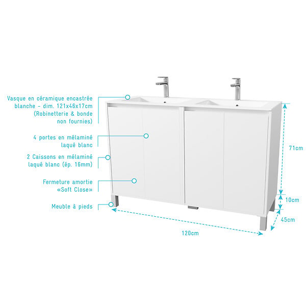 AURLANE - Pack Meuble Salle de Bains 120 cm Laqué Blanc, 4 portes avec Vasque Céramique - XENOS - large