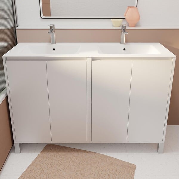 AURLANE - Pack Meuble Salle de Bains 120 cm Laqué Blanc, 4 portes avec Vasque Céramique - XENOS - large
