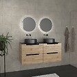 AURLANE - Meuble salle de bains 120cm Chene et noir, Vasques rondes Diam 36cm et Miroirs Black Led Diam 50cm - vignette
