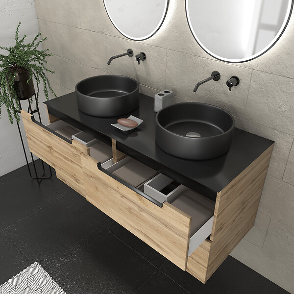 AURLANE - Meuble salle de bains 120cm Chene et noir, Vasques rondes Diam 36cm et Miroirs Black Led Diam 50cm - large