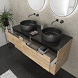 AURLANE - Meuble salle de bains 120cm Chene et noir, Vasques rondes Diam 36cm et Miroirs Black Led Diam 50cm - vignette