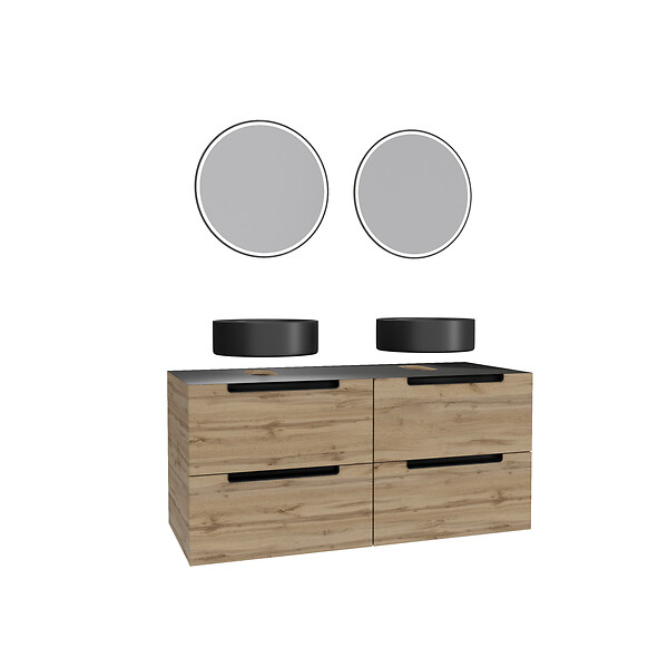 AURLANE - Meuble salle de bains 120cm Chene et noir, Vasques rondes Diam 36cm et Miroirs Black Led Diam 50cm - large