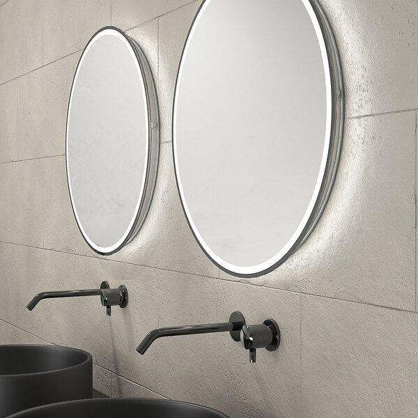 AURLANE - Meuble salle de bains 120cm Chene et noir, Vasques rondes Diam 36cm et Miroirs Black Led Diam 50cm - large