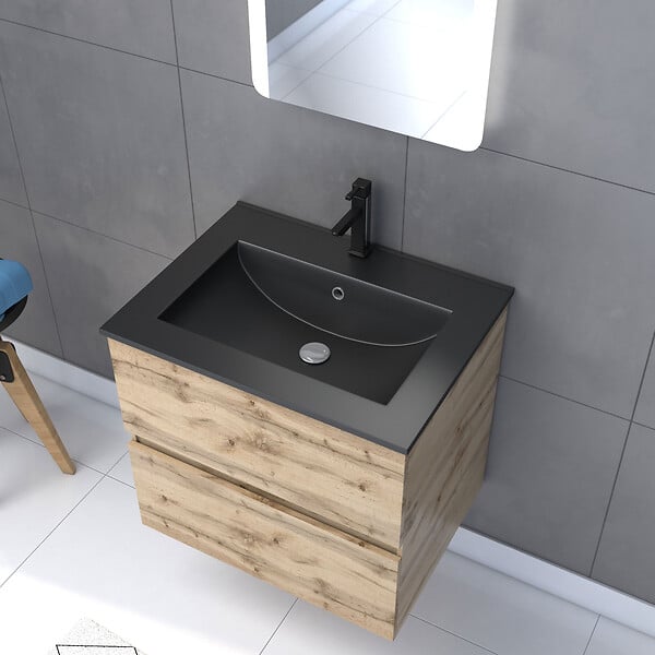 AURLANE - Meuble salle de bain 60x54 - Finition chene naturel + vasque noire + miroir Led - TIMBER 60 - Pack08 - large