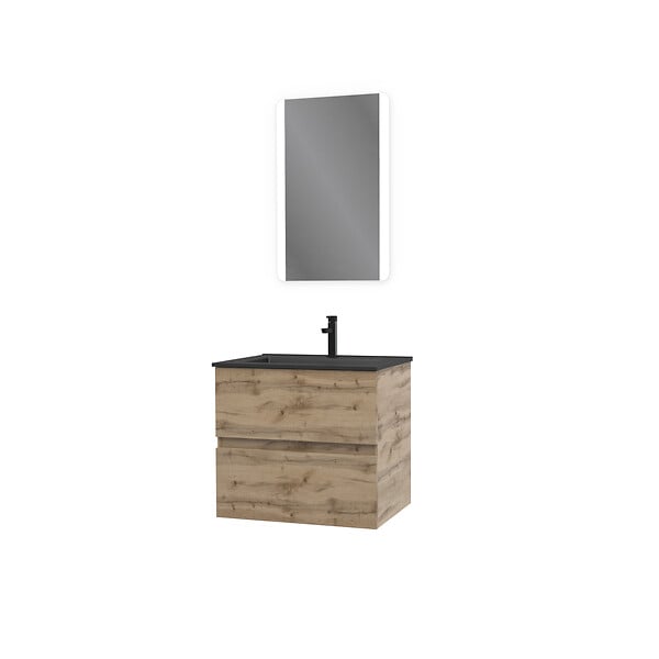 AURLANE - Meuble salle de bain 60x54 - Finition chene naturel + vasque noire + miroir Led - TIMBER 60 - Pack08 - large