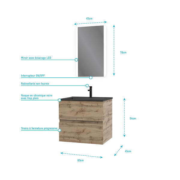 AURLANE - Meuble salle de bain 60x54 - Finition chene naturel + vasque noire + miroir Led - TIMBER 60 - Pack08 - large