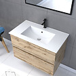 AURLANE - Meuble salle de bain 80x54 - Finition chene naturel + vasque blanche + miroir - TIMBER 80 - Pack 35 - vignette