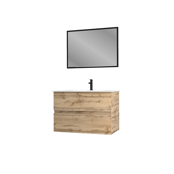 AURLANE - Meuble salle de bain 80x54 - Finition chene naturel + vasque blanche + miroir - TIMBER 80 - Pack 35 - large