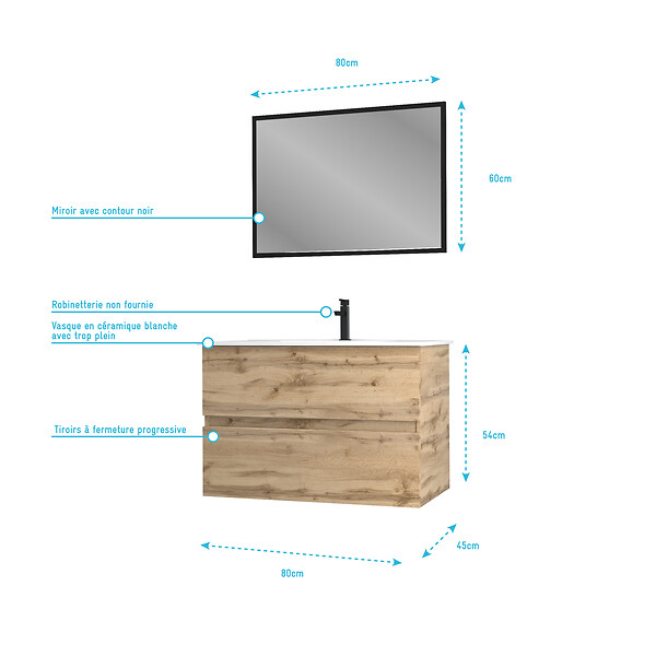 AURLANE - Meuble salle de bain 80x54 - Finition chene naturel + vasque blanche + miroir - TIMBER 80 - Pack 35 - large