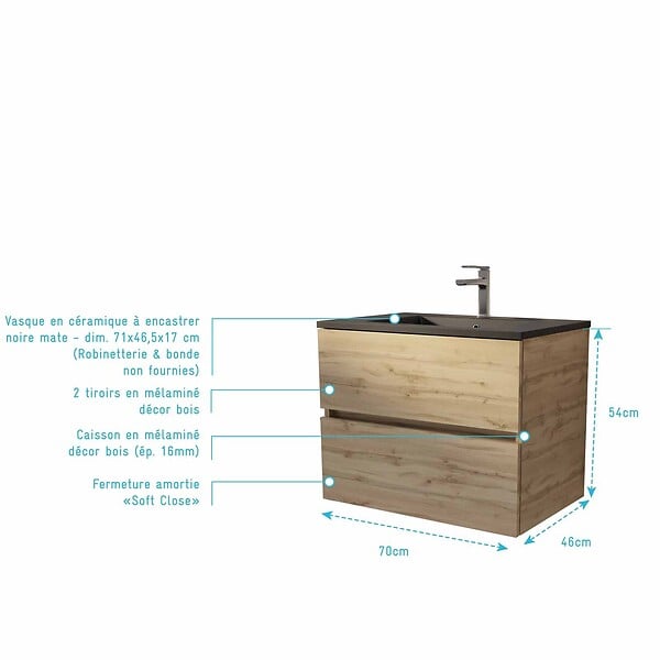 AURLANE - Meuble de salle de bains suspendu 70 cm TIMBER - Décor Chêne Naturel 2 tiroirs avec Vasque noire - large