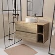 AURLANE - Meuble de salle de bains 100cm TIMBER Décor Chêne 2 Tiroirs et Module - Vasque Ronde Blanche - vignette