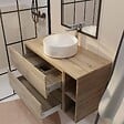 AURLANE - Meuble de salle de bains 100cm TIMBER Décor Chêne 2 Tiroirs et Module - Vasque Ronde Blanche - vignette
