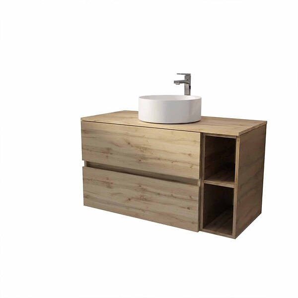 AURLANE - Meuble de salle de bains 100cm TIMBER Décor Chêne 2 Tiroirs et Module - Vasque Ronde Blanche - large