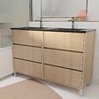 AURLANE - Meuble de salle de bains 120 cm 6 Tiroirs Chêne Clair + Vasque Double Céramique Noire - XENOS - vignette