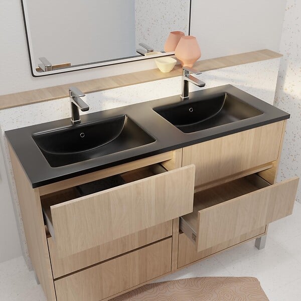 AURLANE - Meuble de salle de bains 120 cm 6 Tiroirs Chêne Clair + Vasque Double Céramique Noire - XENOS - large
