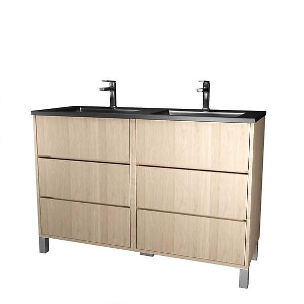 AURLANE - Meuble de salle de bains 120 cm 6 Tiroirs Chêne Clair + Vasque Double Céramique Noire - XENOS - large