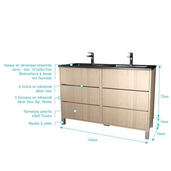 AURLANE - Meuble de salle de bains 120 cm 6 Tiroirs Chêne Clair + Vasque Double Céramique Noire - XENOS - large