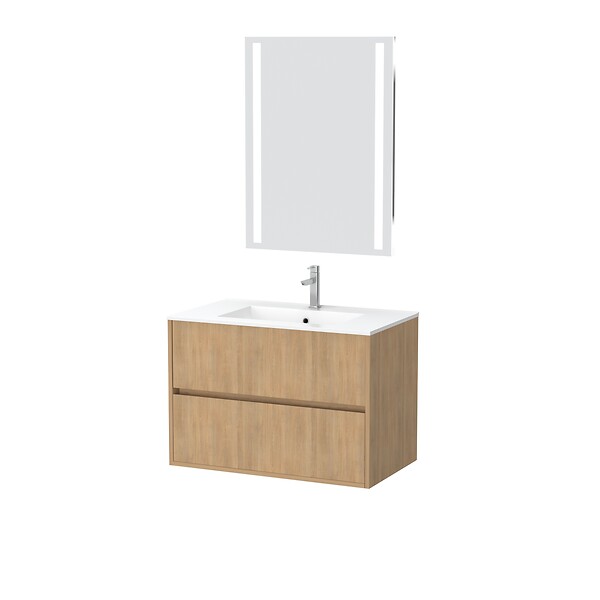 AURLANE - Pack Meuble Salle de Bains 80cm Chêne Clair 2 Tiroirs, Vasque, Miroir 60x80 à Leds intégrées - XENOS - large