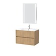 AURLANE - Pack Meuble Salle de Bains 80cm Chêne Clair 2 Tiroirs, Vasque, Miroir 60x80 à Leds intégrées - XENOS - vignette