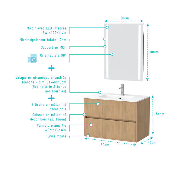AURLANE - Pack Meuble Salle de Bains 80cm Chêne Clair 2 Tiroirs, Vasque, Miroir 60x80 à Leds intégrées - XENOS - large