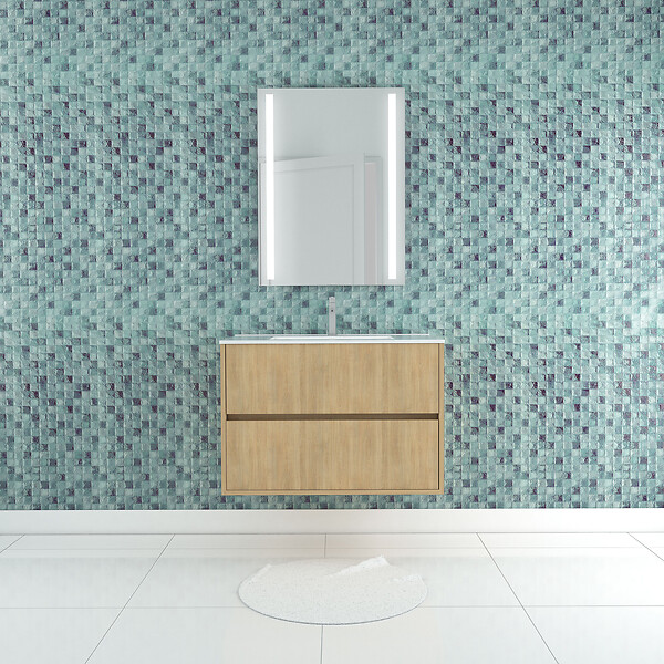 AURLANE - Pack Meuble Salle de Bains 80cm Chêne Clair 2 Tiroirs, Vasque, Miroir 60x80 à Leds intégrées - XENOS - large