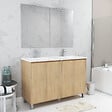 AURLANE - Meuble Salle de Bains 120 cm Chêne Clair 4 Portes, Vasque, Miroirs 60x80 et Réglettes Led - XENOS - vignette