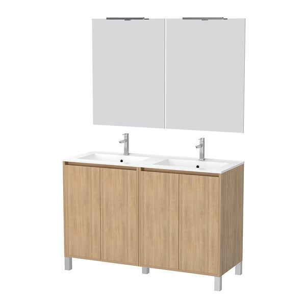 AURLANE - Meuble Salle de Bains 120 cm Chêne Clair 4 Portes, Vasque, Miroirs 60x80 et Réglettes Led - XENOS - large