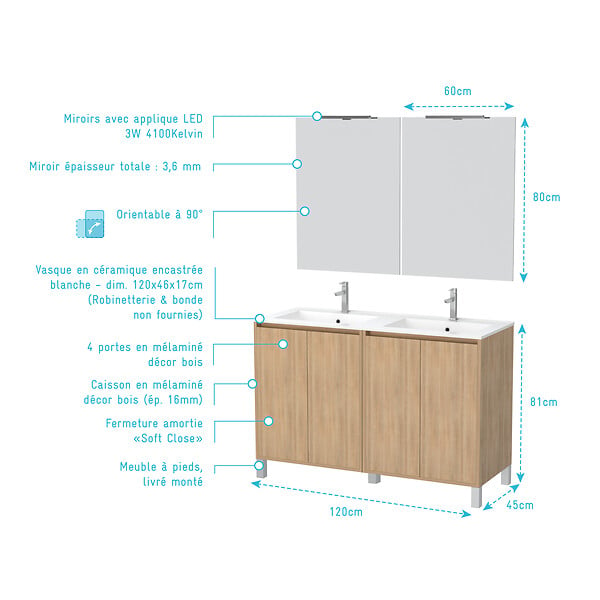 AURLANE - Meuble Salle de Bains 120 cm Chêne Clair 4 Portes, Vasque, Miroirs 60x80 et Réglettes Led - XENOS - large